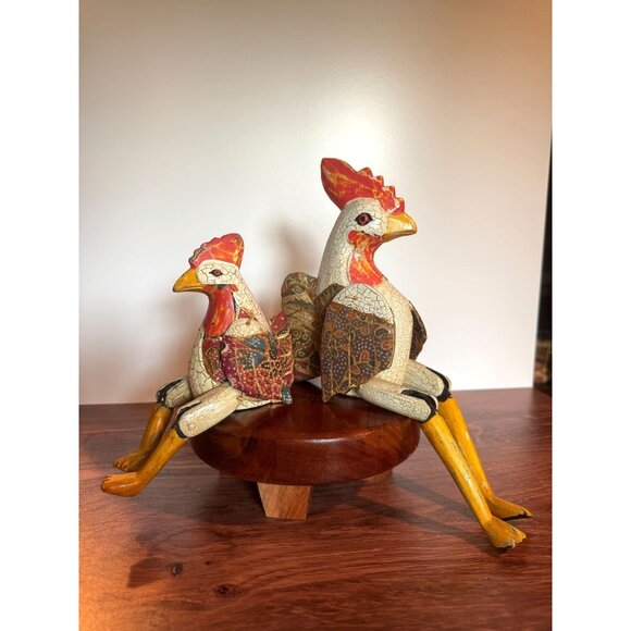 Vintage Indonesian Hand-Carved Rooster Shelf Sitters – Pair - Picture 1 of 15